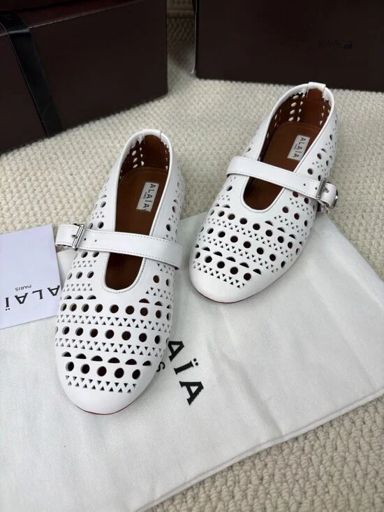 ALAÏA White Perforated Mary Jane Flats - Picture 3 of 6